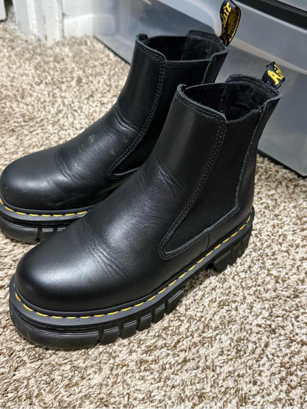 Dr. Martens Black Leather Chelsea Platform Boots with Yellow Stitching